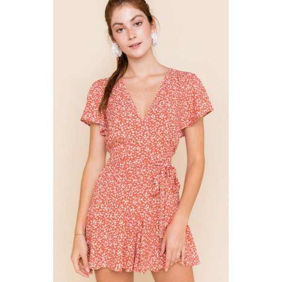 Blue Rain Pants - BLUE Rain Ditzy Floral Belted Waist Flutter Sleeve Romper in Coral Size Small